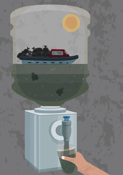 Ilustración de la contaminación del agua potable con residuos individuales e industriales — Vector de stock