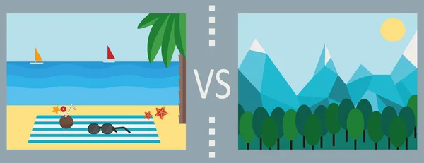 类型的度假: 海滩 vs 山 — 图库矢量图片