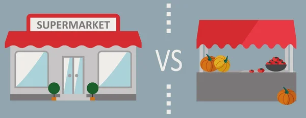 Supermercado vs mercado agrícola — Vector de stock