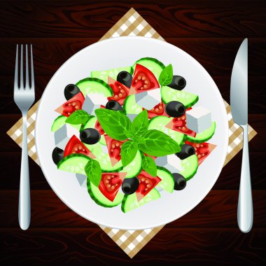 Tabak Çatal Bıçak Diyet Salatası Yunan Feta Fesleğen Zeytin