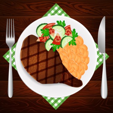 Tabak Biftek Salatası Güveç Fasulye Ahşap Masa