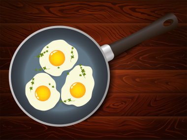 Kızartma tavası kahvaltı yumurta kekik ahşap arka plan