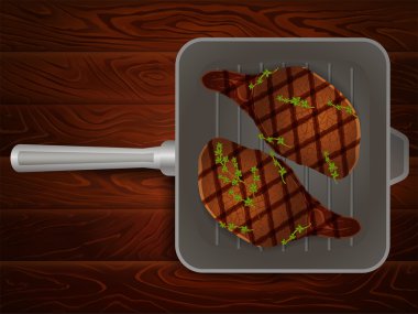 Pan et biftek kekik ahşap arka plan ızgara