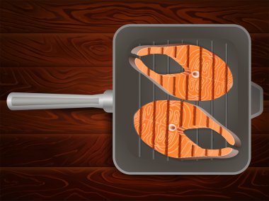 Izgara tava somon biftek kekik ahşap masa