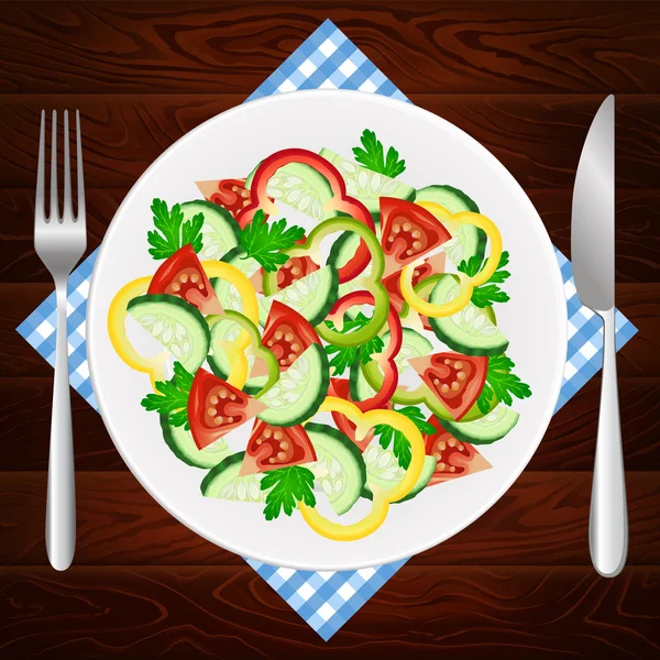 CUCHILLO PLACA CUCHILLO DIETA ensalada TOMATO CUCUMBER PAPRIKA — Vector de stock