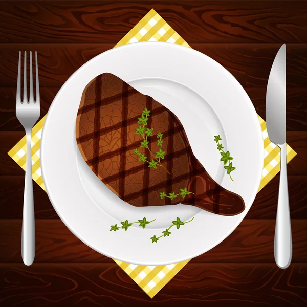 Plate Villa kés hús steak kakukkfű fa táblázat — Stock Vector