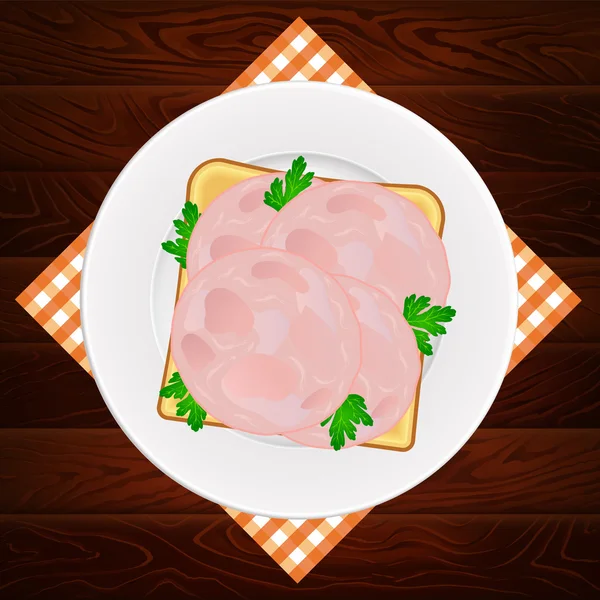 Plaat servet Ham peterselie sandwich hout textuur — Stockvector