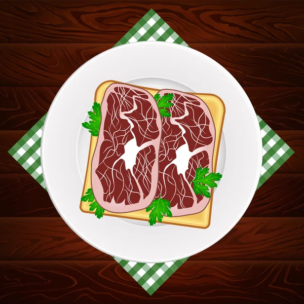 Плита NAPKIN PROSCIUTTO PARSLEY SANDWICH WOOD TEXTURE — стоковый вектор