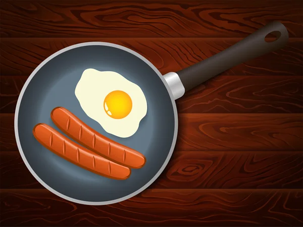 FRYING PAN uova salsicce legnoso BACKGROUND — Vettoriale Stock
