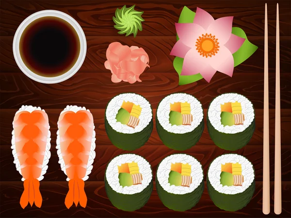 SUSHI ROLL SASHIMI SET SOY SAUSE GINGER 10 — Stock Vector