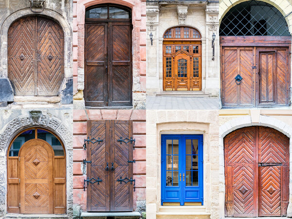 A photo collage of front doors to houses and homes