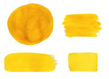 Beyaz arka plan üzerinde izole sarı sulu boya tasarım öğeleri koleksiyonu