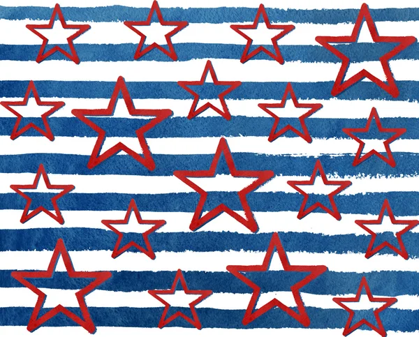 Watercolor grunge red stars on grunge watercolor blue stripes. — Stock Photo, Image