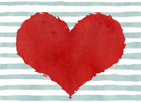 Röd akvarell grunge hjärta på abstrakt ljusblå penseldrag bakgrund. — Stockfoto