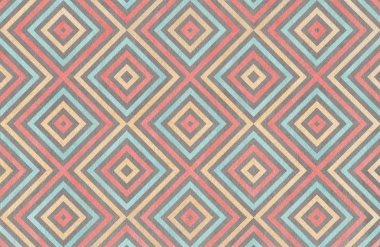 Mercan, mavi, bej ve gri renklerde geometrik desen.