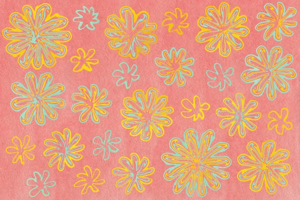 Акварель синие и желтые абстрактные цветы на розовом фоне — стоковое фото