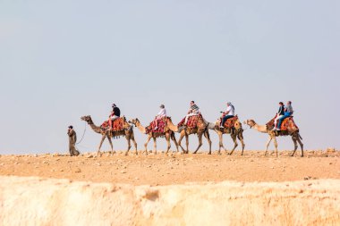 Giza, Mısır - Şubat 2021: Mısır piramitleri yakınında yürüyen turistli deve kervanı.