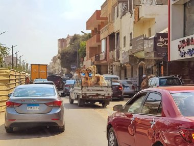 Giza, Mısır - Şubat 2021: Mısır 'da Giza sokaklarında günlük yaşam.