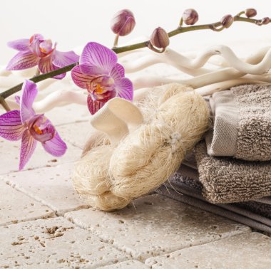 Pamuk havlu ve lif kabağı sünger güzellik masaj için