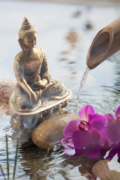Buda para la belleza interior en el ambiente del agua con guijarros y orquídeas para la paz —  Fotos de Stock