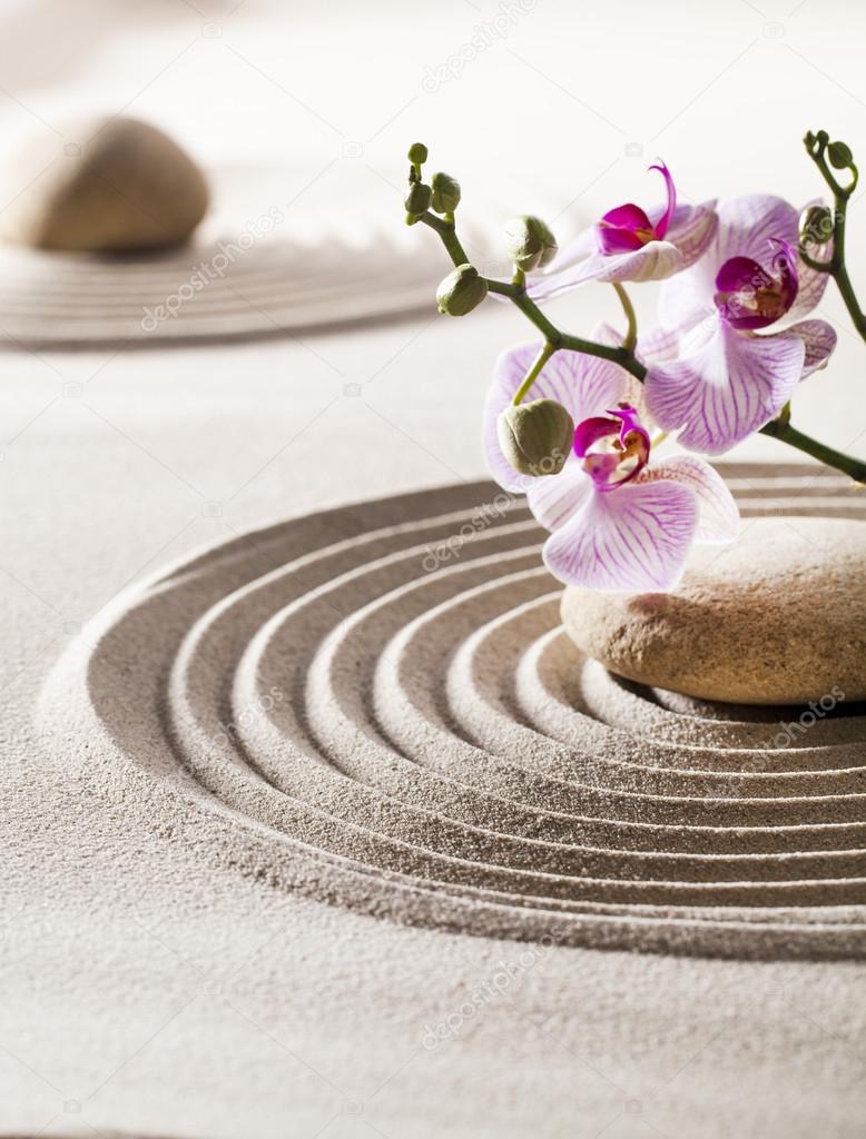 stones with flowers in sand for concept of femininity or wellness