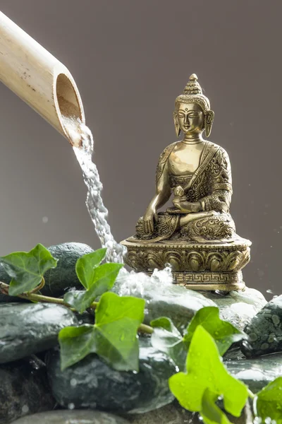 Agua con hermosas piedras, follaje verde y bambú para la paz y la meditación —  Fotos de Stock