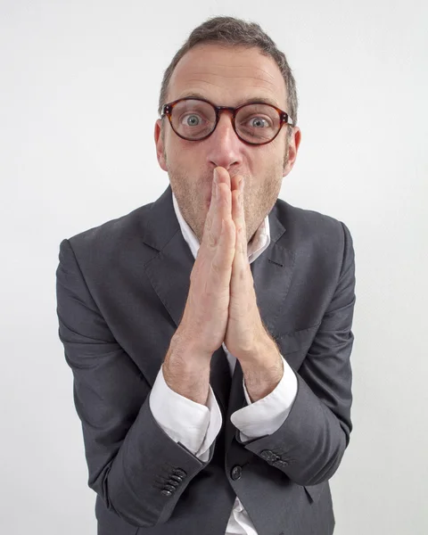 Excited 40s man with checked shirt pointing finger to show something on side — Stok fotoğraf