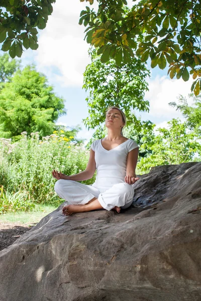 20. blondýnka meditující pod stromem na kameni — Stock fotografie