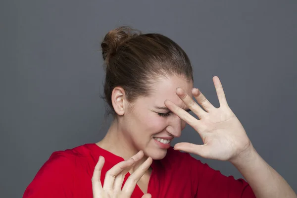 Anxious young woman protecting herself from violence or stressful phobia — Stock Photo, Image