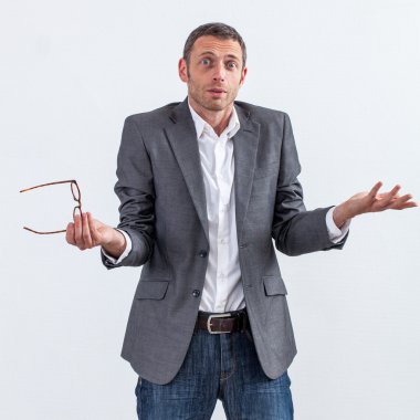 surprised 40s businessman shrugging about management responsibility