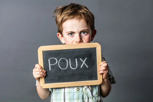 Ijedt óvodai fiú feszült kék szemmel védelme "poux" pala — Stock Fotó
