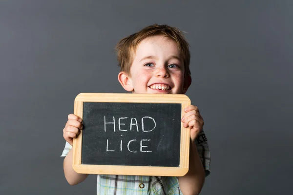 Laughing little child warning about head lice to fight against — Stock Photo, Image