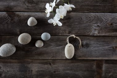Üstten Görünüm natürmort mineral welness spa, ahşap arka plan için