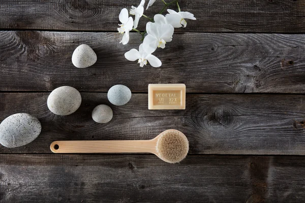 doğal banyo kavramı çakıl taşları, arka fırça ile beyaz orkide