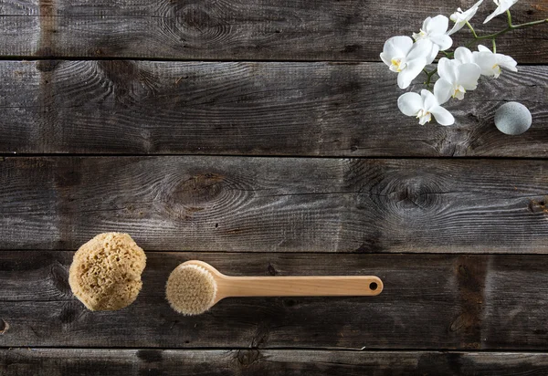 fırça, doğal sünger ve beyaz orkide ile rustik ahşap arka plan