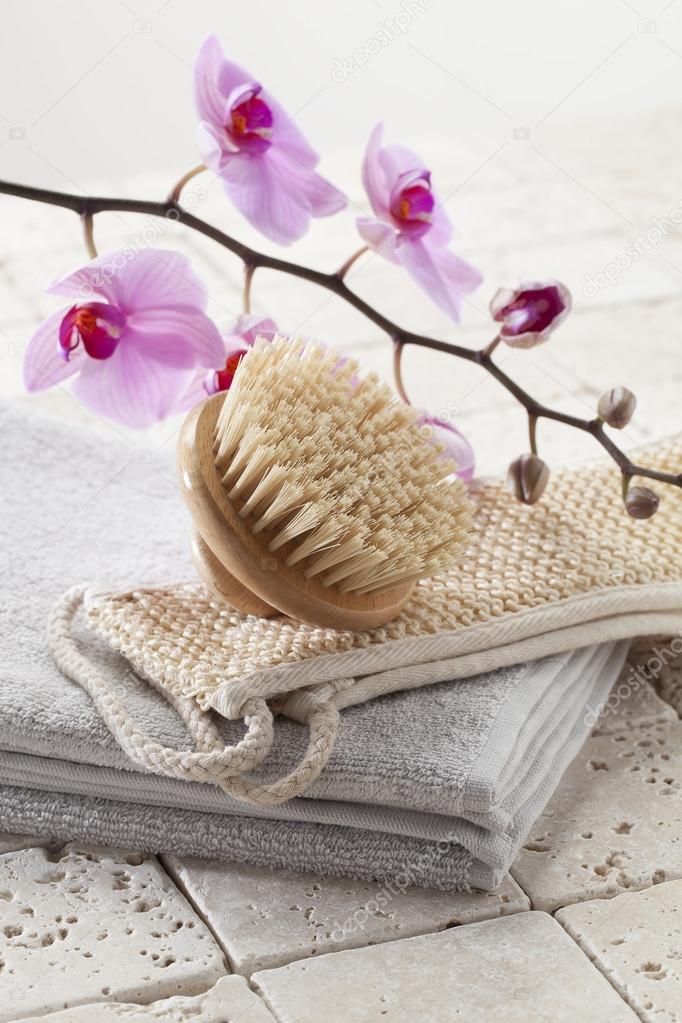 loofah, brush and towel for hydration and purity