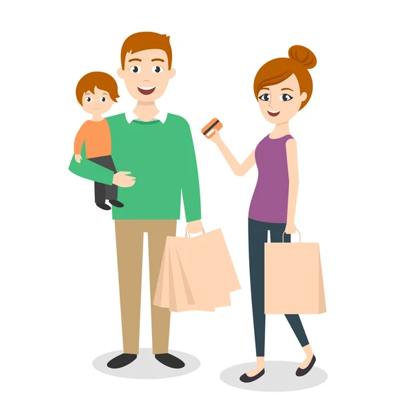 Ilustración vectorial de la familia: mamá, papá e hijo. Bolsas de compras. Compras familiares con tarjeta de crédito . — Vector de stock