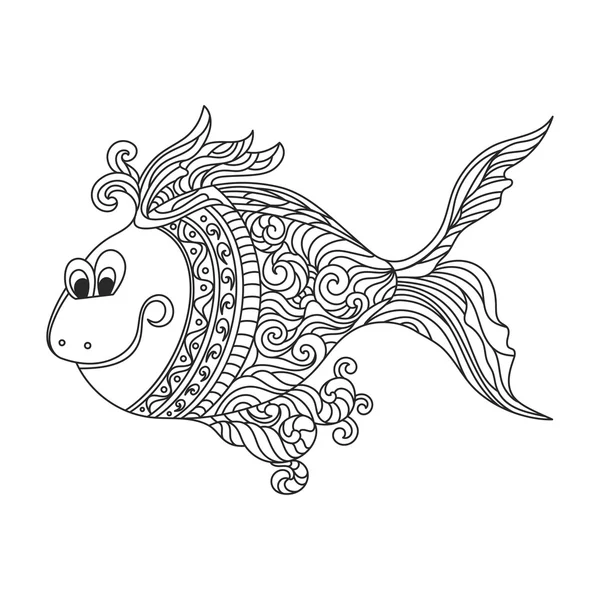 เวกเตอร์สีเดียววาดด้วยมือ zentagle ภาพประกอบของปลาที่น่ารัก . — ภาพเวกเตอร์สต็อก