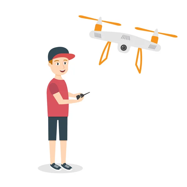 Vector illustration of young happy man with quadrocopter — Stock Vector