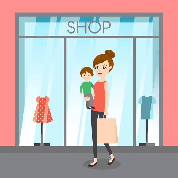 Vector εικονογράφηση νεαρή κοπέλα με το γιο του και τσάντα για ψώνια. Φόντο παράθυρο κατάστημα. — Διανυσματικό Αρχείο