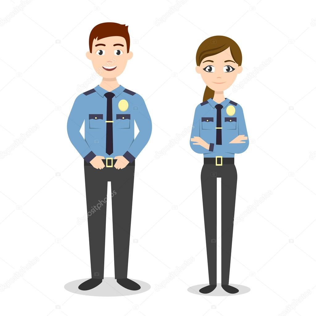 Characters: two young happy police officers, man and woman.