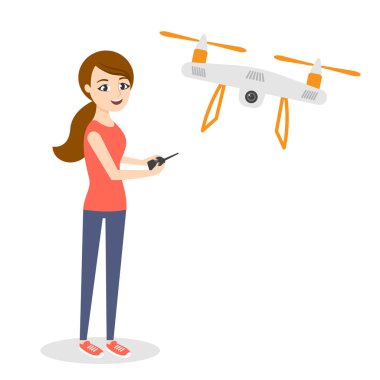 Mutlu kadın quadrocopter veya hava drone ile vektör çizim.
