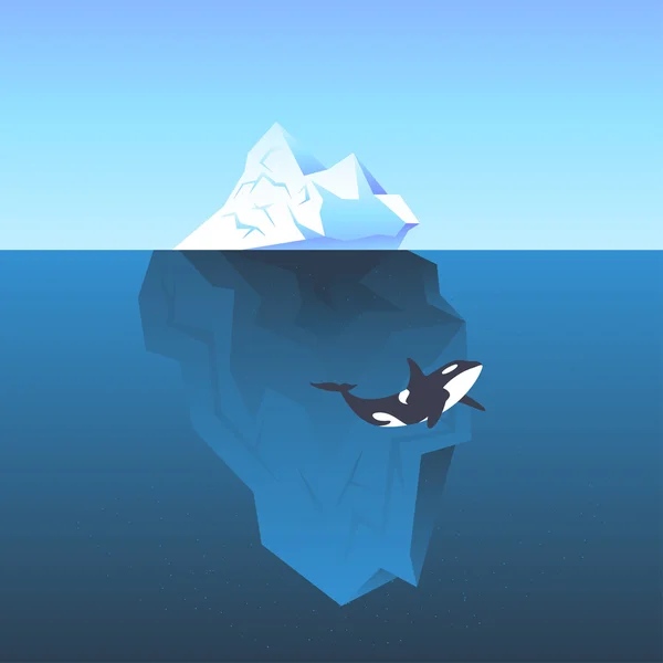 Ilustración vectorial iceberg en el mar y ballena asesina — Vector de stock