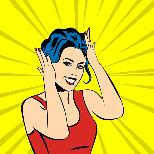 Pop art surprise femme visage avec sourire — Image vectorielle