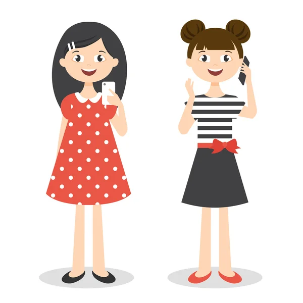 Ilustración vectorial de dos niñas con smartphones — Vector de stock