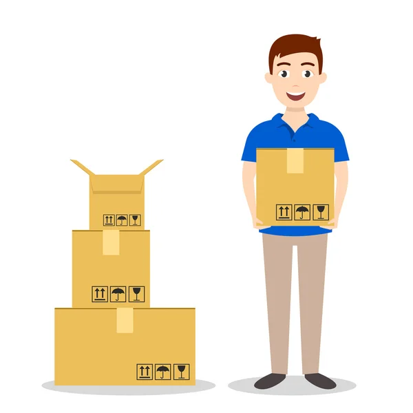 Servicio de entrega joven hombre cajas de espera — Vector de stock