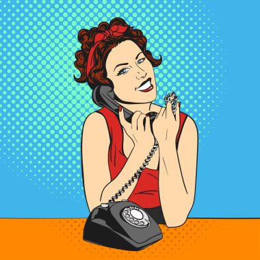 Telefon ile pop art güzel genç kadın Vektör illüstrasyon