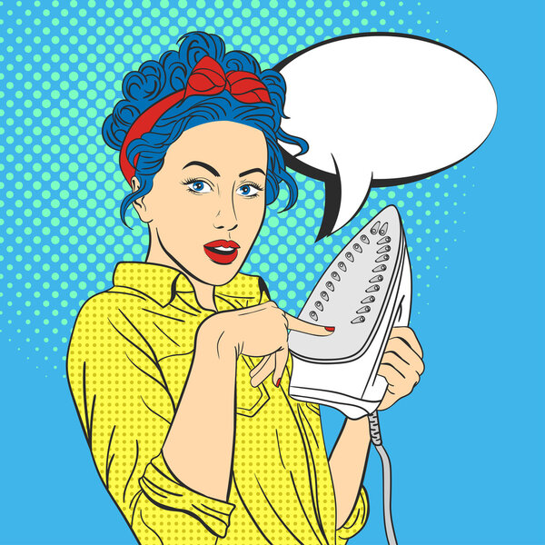 Векторная иллюстрация поп-арта красивая молодая удивленная женщина с железом
.