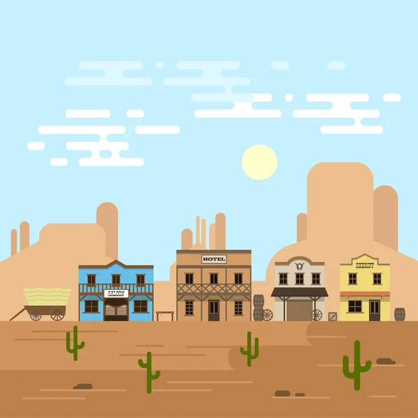 Ilustración vectorial de una vieja ciudad occidental en un día. Saloon — Vector de stock