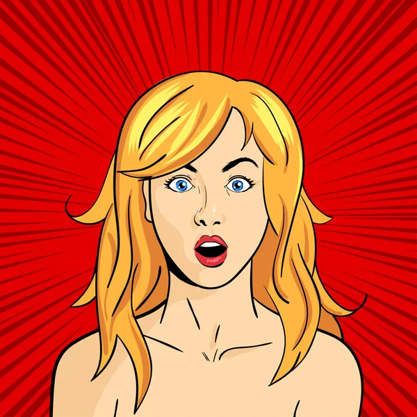 Pop art vectoriel femme surprise avec bouche ouverte — Image vectorielle